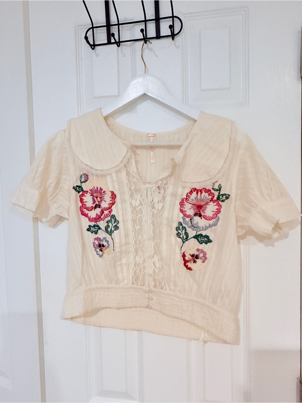 Embroidered Cream Short-Sleeve Cotton Top with Peter Pan Collar - Free People